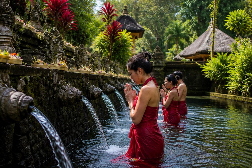 Women performing melukat purification ritual under water fountains at a quiet temple in Sebatu, Bali