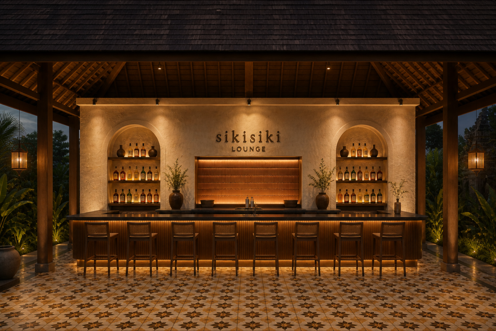 Sikisiki Lounge Bali open-air bar with omakase counter, warm ambient lighting, traditional wooden roof and classic patterned tile floor