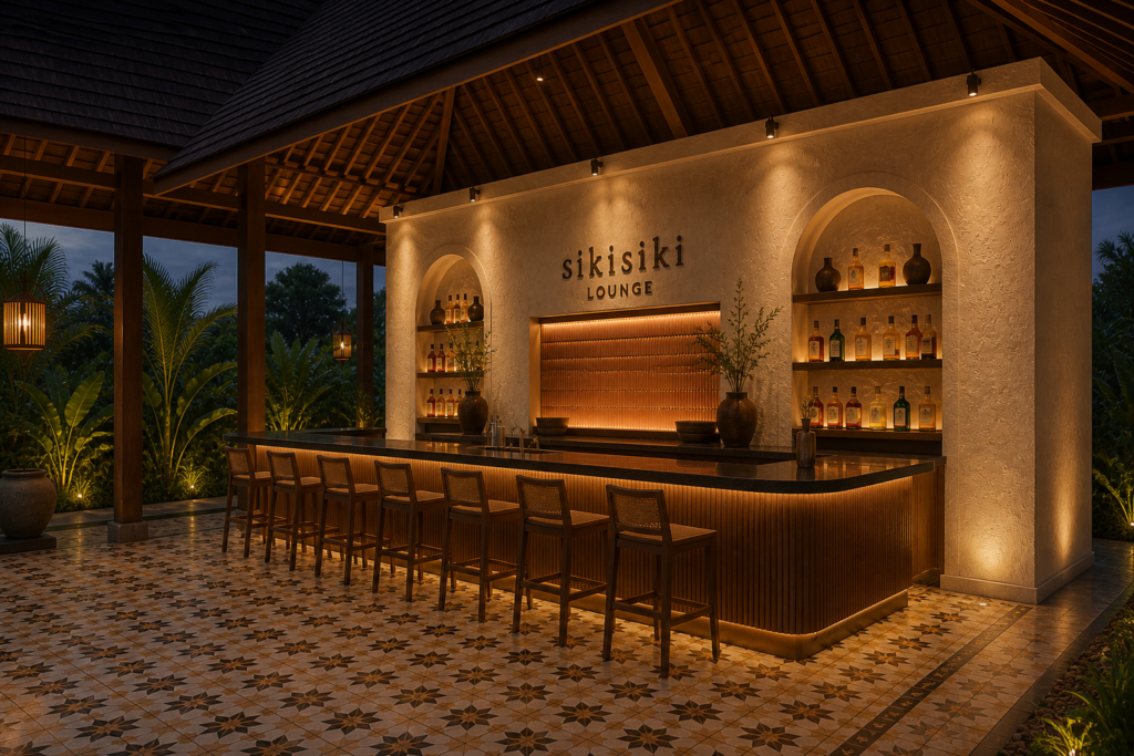 Sikisiki Lounge Bali open-air bar with omakase counter, warm ambient lighting, traditional wooden roof and classic patterned tile floor