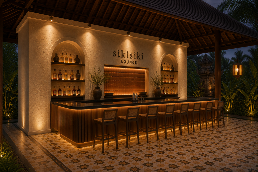 Sikisiki Lounge Bali open-air bar with omakase counter, warm ambient lighting, traditional wooden roof and classic patterned tile floor